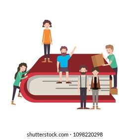 minipeople team working in books