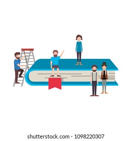 minipeople team working in books
