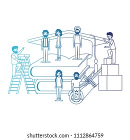 minipeople team working in books