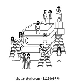 minipeople team working in books