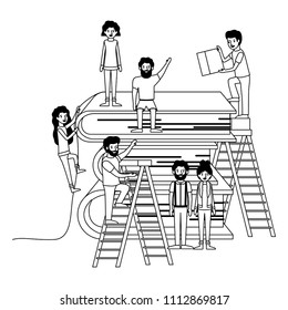 minipeople team working in books