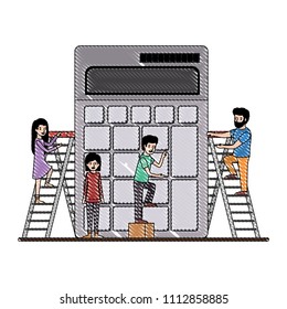 minipeople team working in calculator