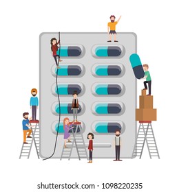 minipeople team working in capsules drugs