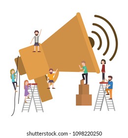 minipeople team working in megaphone