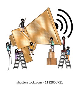 minipeople team working in megaphone