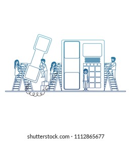 minipeople team working in telephone