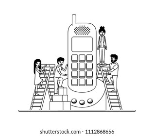 minipeople team working in telephone