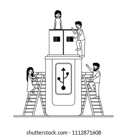 minipeople team working in usb memory