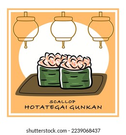 Miniset of gunkan sushi with scallop. Deicious japanese maki roll with oriental background. 
