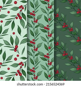 Mini-set of seamless patterns with foliate cranberry branches; ripe cranberries for wrapping paper, packaging, fabric, textile and other design. Vector illustration.