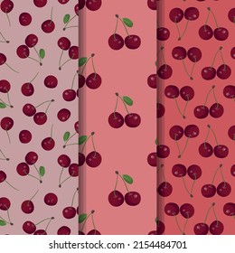 Mini-set of vector seamless cherry patterns; cherry berries on pink and red background, for packaging, wrapping paperand other design.