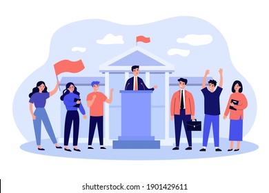 Minister speaking before audience at parliament government building. Crowd of people giving support to political speaker or election candidate. Vector illustration for politics, democracy concept