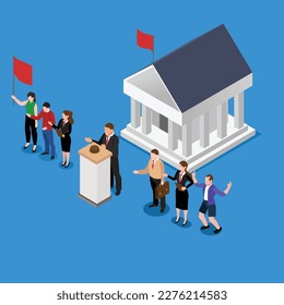 Minister speaking before audience at parliament government building 3d isometric vector illustration concept for banner, website, landing page, ads, flyer template