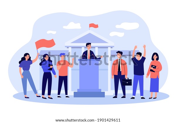 Minister speaking before audience at parliament\
government building. Crowd of people giving support to political\
speaker or election candidate. Vector illustration for politics,\
democracy concept