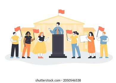 Minister speaking on meeting with audience of voters people. Public speech of speaker politician on podium at government building flat vector illustration. Politics, freedom and democracy concept