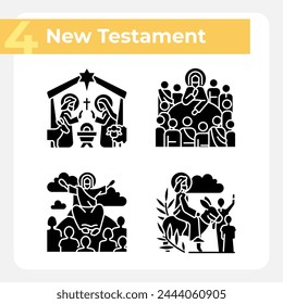 Ministry of Jesus black glyph icons set on white space. Palm sunday and Last Supper. Christian stories. Holy figures. Silhouette symbols. Solid pictogram pack. Vector isolated illustration