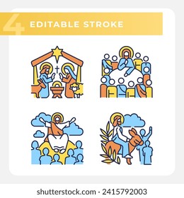 Ministry of Jesus RGB color icons set. Palm sunday and Last Supper. Christian stories. Holy figures. Isolated vector illustrations. Simple filled line drawings collection. Editable stroke