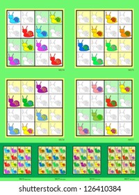 Mini-Sudoku 4 x 4. Vector set. Multicolor Snails. Super easy & Very easy.