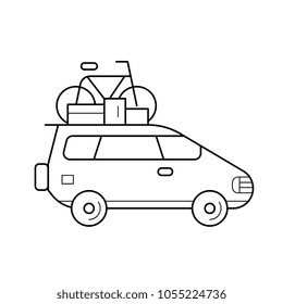 Minivan with a bicycle on a roof rack vector line icon isolated on white background. Car trip with a bicycle on a roof rack line icon for infographic, website or app. Icon designed on a grid system.