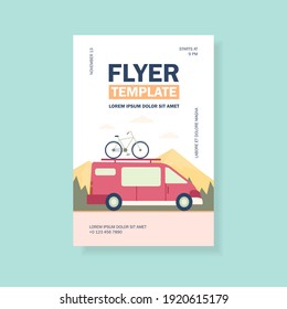 Minivan with bike on top moving in mountain. Vehicle, transport, bicycle trip flat vector illustration. Outdoor activity, adventure travel concept for banner, website design or landing web page