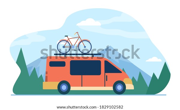 Minivan with bike on top moving in mountain.
Vehicle, transport, bicycle trip flat vector illustration. Outdoor
activity, adventure travel concept for banner, website design or
landing web page