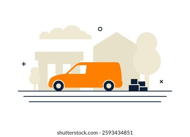 Minivan and boxes. Colored silhouette. Side view. Vector simple flat graphic illustration. Isolated object on white background. Isolate.