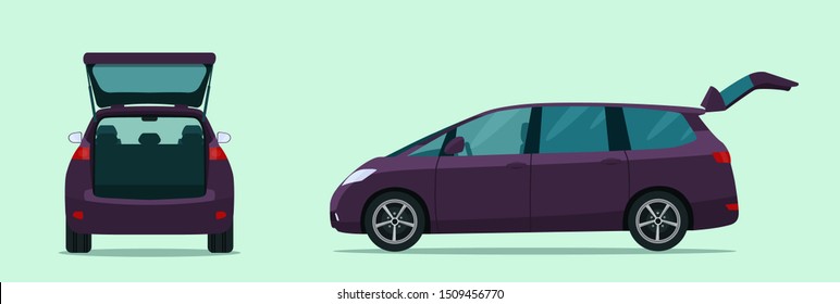 Minivan Car With Open Boot. Side And Back View. Vector Flat Style Illustration.