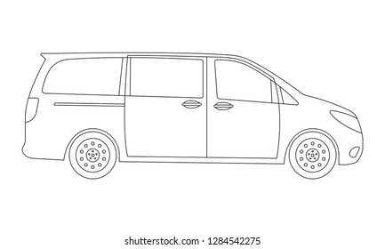 Minivan car outline icon. Side view. Family minibus vehicle silhouette. Black van car. Vector illustration.