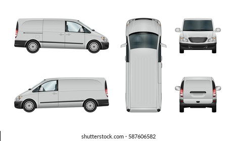 Minivan car vector mock-up. Isolated template of delivery van on white background. Vehicle branding mockup. View from side, front, back and top. All elements in the groups on separate layers.