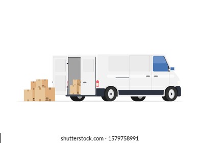 Minivan with cardboard boxes. Concept of cargo transportation, delivery of goods, moving house. Vector illustration isolated on white background