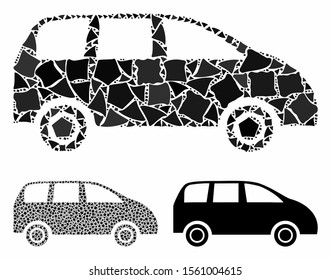 Minivan composition of trembly pieces in various sizes and color tinges, based on minivan icon. Vector abrupt pieces are composed into composition. Minivan icons collage with dotted pattern.