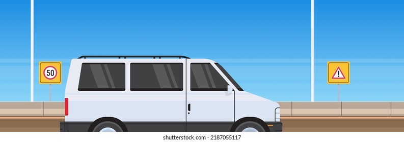 Minivan courier on highway asphalt road and minivan truck design flat vector illustration.