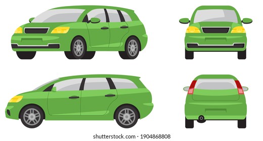 Minivan in different angles. Green automobile in cartoon style.