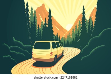 The minivan is driving along a winding forest road. Mountain landscape. Sunset. Vector flat illustration. Van life. Travel by car.