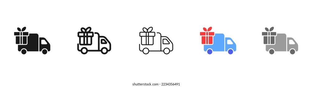 Minivan with gift set icon. Delivery, truck. Free and fast delivery of goods. Post. Minivan that delivers the order. Shopping concept. Vector five icon in different style on white background