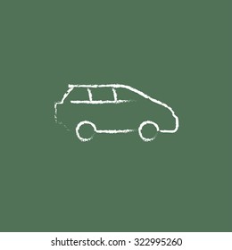 Minivan hand drawn in chalk on a blackboard vector white icon isolated on a green background.