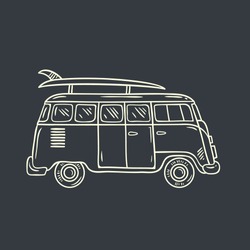 Minivan. Hand Drawn Illustration Hippie Bus With Surf Board. Summer Vacation.
