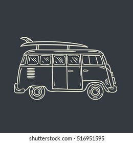 Minivan. Hand drawn illustration hippie bus with surf board. Summer vacation.