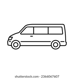 Icono de minivan. Silueta lineal de contorno negro. Vista lateral. trazos editables. Ilustración gráfica plana vectorial simple. Objeto aislado sobre un fondo blanco. Aislar.