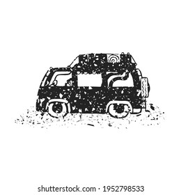 Minivan icon. Small bus for travel and tourism. Black grunge silhouette. Side view. Vector simple flat graphic hand drawn illustration. The isolated object on a white background. Isolate.