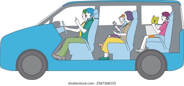  minivan interior seen from the side. A family driving happily with smiles.