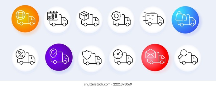 Minivan line icon. Logistics, truck, time, watch, courier, deliver parcel, mail, gear, free fast shipping, calendar, minivan, customer, purchase, buy, client, drive, car. Delivery concept. Neomorphism