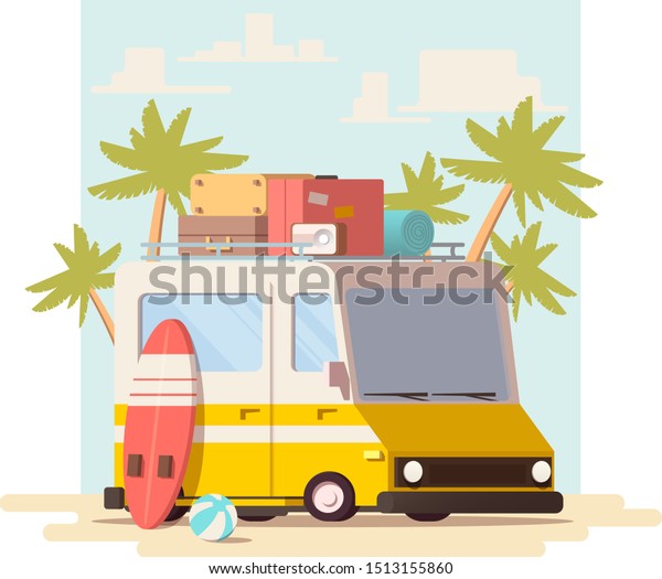 Minivan with\
luggage on roof, surfboard  at tropical sunset beach. Flat vector\
of summer time. Isolated\
background