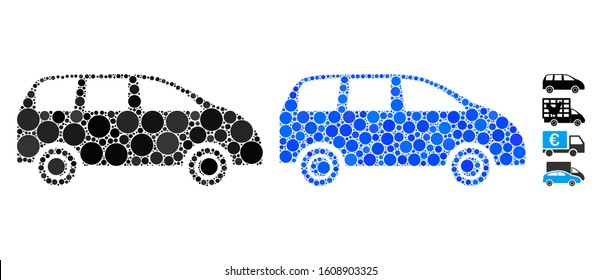 Minivan mosaic of round dots in various sizes and color tones, based on minivan icon. Vector round elements are grouped into blue mosaic. Dotted minivan icon in usual and blue versions.