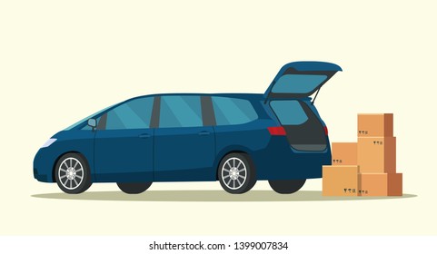 Minivan With Open Trunk And Boxes  Isolated. Vector Flat Style Illustration.