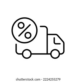 Minivan with percent sign line icon. Logistics, truck, time, watch, courier, deliver parcel, mail, gear, free fast shipping, calendar, minivan, customer, purchase, buy, client, drive, car. Delivery