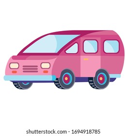 minivan in pink color in flat style, isolated object on a white background, vector illustration,