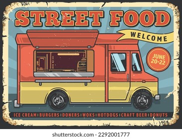 Minivan restaurant vintage flyer colorful with car for sale of street food at festival or fair vector illustration
