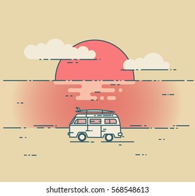 Minivan and sea sunset landscape. Vintage flat line vector illustration