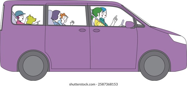 minivan seen from the side. A family driving happily with smiles.